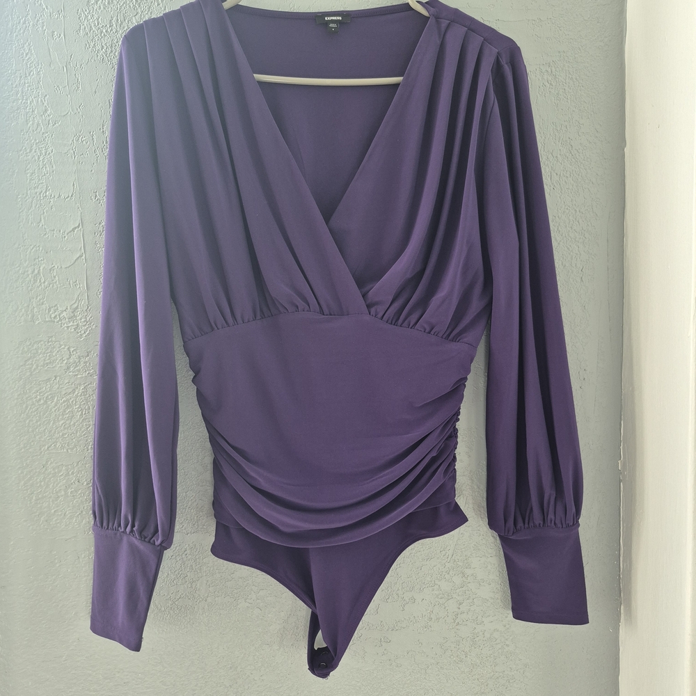 Express Purple Wrap Bodysuit with Ruched Details